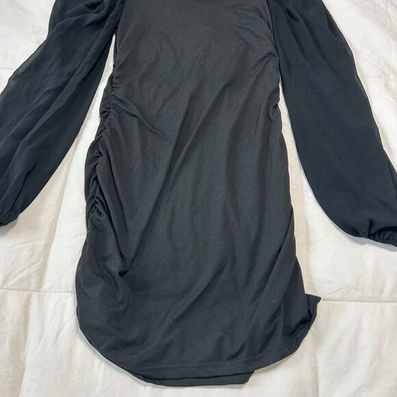 SHEIN Black Square Neck Bodycon Mini Dress Size Small Long Sheer Puff Sleeve - Picture 4 of 8